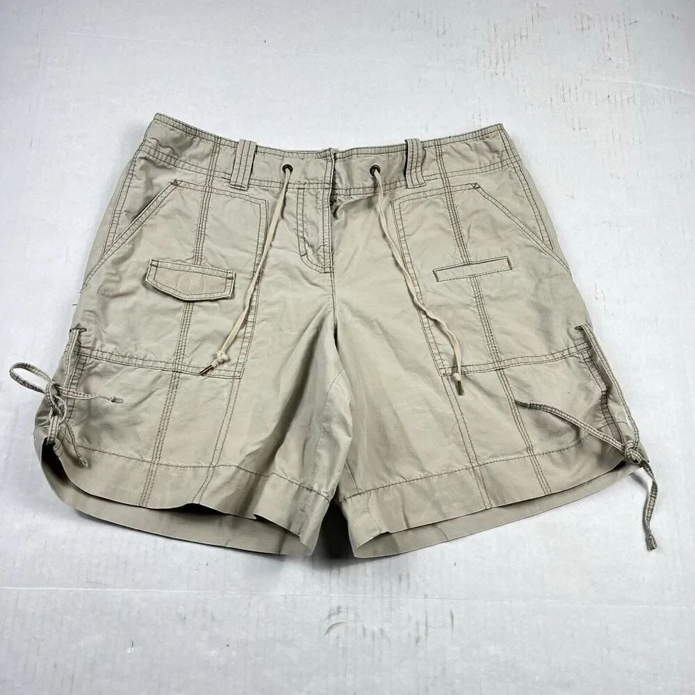 LOFT Womens Cotton Utility Shorts Beige Summer Classic Tie Hem Zip Up Size 8